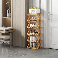 4/5/6/7 Tiers Bamboo Wooden Shoe Rack, Vertical Shoe Racks Storage Shelves Tall Shoe Tower, Collapsible Narrow Shoe Stand, Installation Free Folding X-Shape Shoe Racks Sneakers Slippers Holder Organizer, Multi Functional Shoe Rack Durable Footwear Cabinet