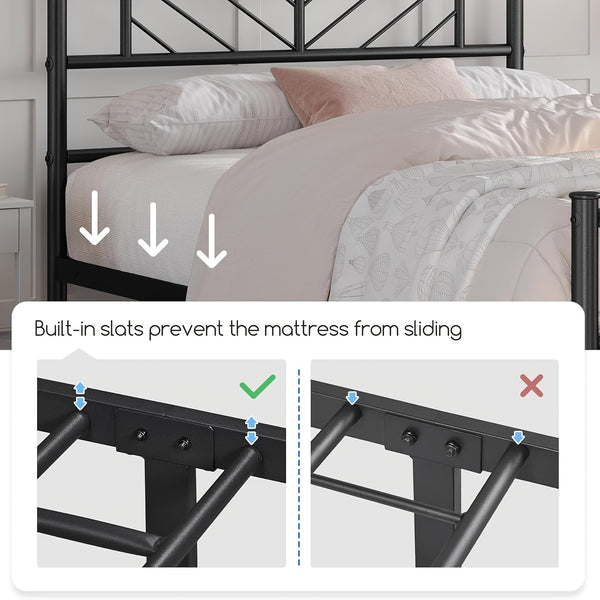 Chic Arrow-Patterned Metal Bed Frame with Under-Bed Storage - Easy Assembly, No Box Spring Needed - Black | Sizes: 91.44cm Single, 4ft6 Double, 152.4cm King, Slatted Bed Platform, Headboard, Oyajia