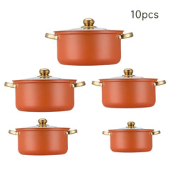 Stainless Steel Soup Pot Set (10PCS), Multi-Purpose Household Milk and Soup Pots, Multiple Sizes for Daily Cooking, Hot Pot and Noodles, Gold-Plated Handle, Orange