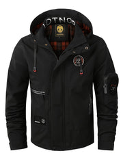 Multiple Pocket Design Men's Embroidery Long Sleeve Zip Up Drawstring Hooded Jacket, Men's Stand Collar Thin Jacket for Spring Outdoor
