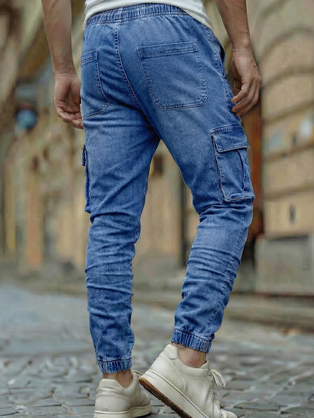 Men'S Slim Fit Multi-Pocket Jeans, Four Seasons Workwear Denim Trousers for Men, Washed Micro-Elastic Fabric, Elastic Waistband, Suitable for Leisure And Work