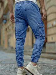 Men'S Slim Fit Multi-Pocket Jeans, Four Seasons Workwear Denim Trousers for Men, Washed Micro-Elastic Fabric, Elastic Waistband, Suitable for Leisure And Work