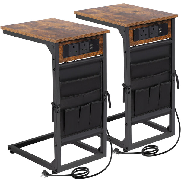 AMHANCIBLE 1pc/2pcs C-Shape Side Table Featuring a Charging Station, Bedside Table with a Storage Pouch, And a Coffee Table with a Metal Frame Suitable for Living Rooms, Bedrooms, And Offices