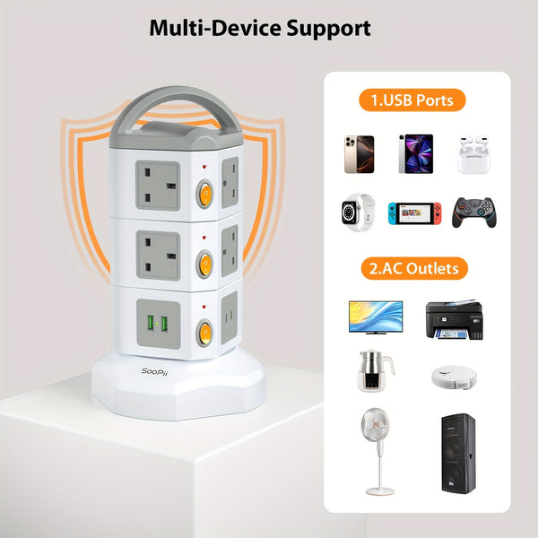 SooPii 10-Outlet Power Tower with 4 USB, Multi Plug Power Extension Strip with 10AC Outlets, 2 USB & 2 USB-C Ports, Surge Protector, 2m Extension Cable, 4000W/16A Extension Power Cord for Home Office, White, Christmas Gifts, Gifts.