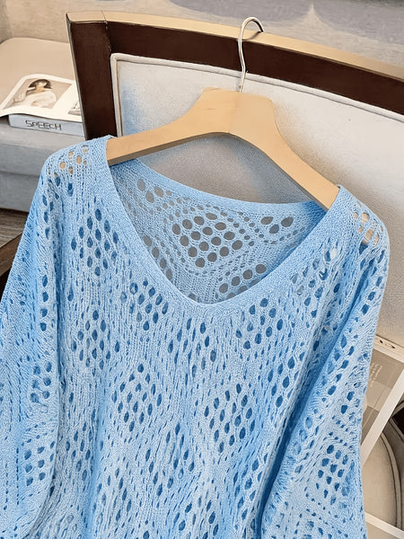 Plus Size - Plus Size - Plus Size Women'S Cashew Flower Loose Temperament Hollow Round Neck Pullover Long Sleeve Sweater