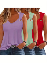 Three-Pack Women's Tank Tops Summer Sleeveless Loose Fit Eyelet Neck Solid Color Basic Shirts
