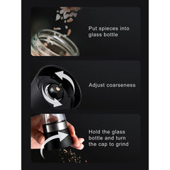 Premium 6 Pack Salt and Pepper Grinder Set Glass Body Condiment Mills with Adjustable Coarseness for Himalayan Pink Salt Peppercorns 200ml Capacity