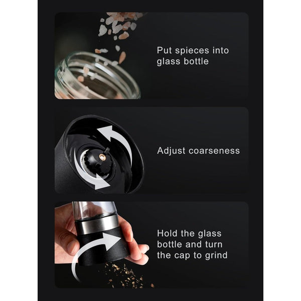 Premium 6 Pack Salt and Pepper Grinder Set Glass Body Condiment Mills with Adjustable Coarseness for Himalayan Pink Salt Peppercorns 200ml Capacity