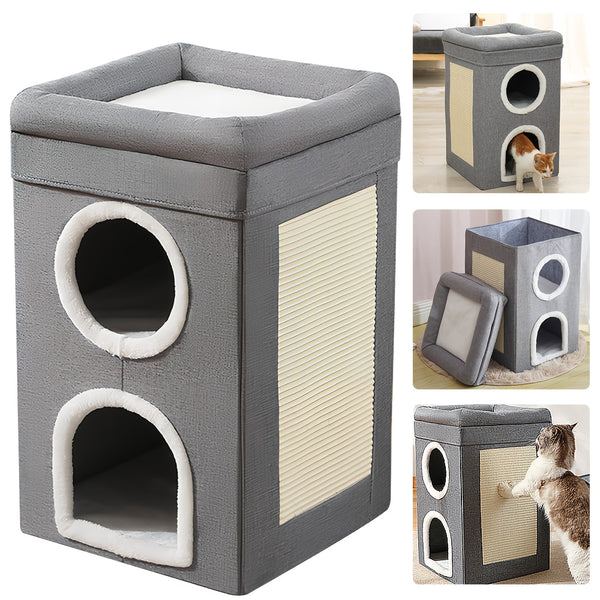 Large 3-in-1 Cat House Cat Cave Cats Foldable Cat Bed - Cozy, Washable & Easy-to-Clean, All-Season Enclosed Pet Nest with Scratching Board, Polyester, Gray with Fluffy Interior for Comfortable Cat Living, Kitten Bed, for Cats Small Dogs41 * 41 * 64cm