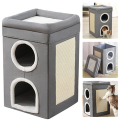 Large 3-in-1 Cat House Cat Cave Cats Foldable Cat Bed - Cozy, Washable & Easy-to-Clean, All-Season Enclosed Pet Nest with Scratching Board, Polyester, Gray with Fluffy Interior for Comfortable Cat Living, Kitten Bed, for Cats Small Dogs41 * 41 * 64cm
