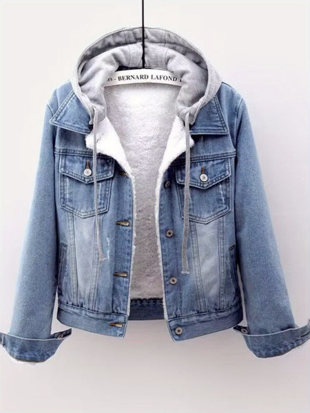 Women's denim hooded winter jacket with pockets - Warm panel design, detachable hood, casual autumn/ winter jacket, comfortable for outdoor wear, Women's winter denim, Cold Weather Wear, Seasonal Fashion, Retro Style, Quality Stitching, Casual Attire