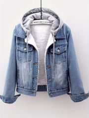 Women's denim hooded winter jacket with pockets - Warm panel design, detachable hood, casual autumn/ winter jacket, comfortable for outdoor wear, Women's winter denim, Cold Weather Wear, Seasonal Fashion, Retro Style, Quality Stitching, Casual Attire