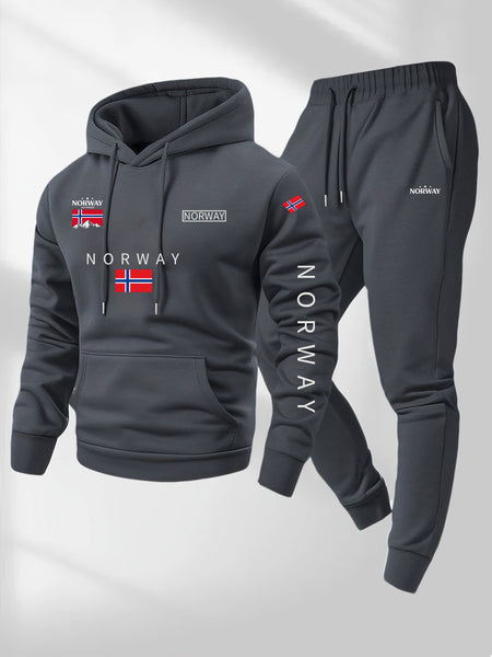 2pcs Cartoon NORWAY Letter Drawstring Hoodie and Sports Trousers Set | Casual Hooded, Slight Stretch Fabric, Patterned, Loose Fit for Men, Ideal for Fall/Winter