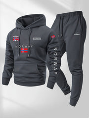 2pcs Cartoon NORWAY Letter Drawstring Hoodie and Sports Trousers Set | Casual Hooded, Slight Stretch Fabric, Patterned, Loose Fit for Men, Ideal for Fall/Winter
