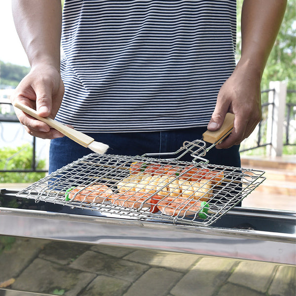 1pc Heavy-Duty Metal Barbecue Mesh Clip | Commercial Barbecue Grill, Square Burger Clip, 32cm Handle, Suitable for Courtyard Gatherings and Barbecues, 33.5 X 20cm