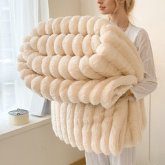 Premium Polyester Ribbed Throw Blanket Ultra Soft Faux Rabbit Fur Warm Lightweight Blanket for Home Office Camping All Seasons UK Brand Fast Delivery