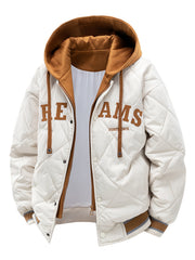 2025 New Men's Winter Warm Jacket with Letter Embroidery, Thickened Warm Casual Hooded 2-in-1 Look Padded Coat, Camping Christmas New Arrival