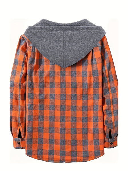 2pcs Men's New York Fashion Trendy Plaid Shirt Hoodie, Plaid Pullover Sweatshirt Flannel Hoodie