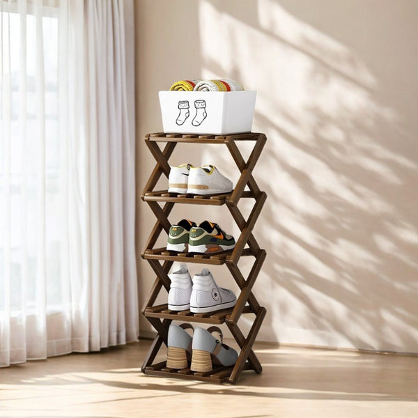 4/5/6/7 Tiers Bamboo Wooden Shoe Rack, Vertical Shoe Racks Storage Shelves Tall Shoe Tower, Collapsible Narrow Shoe Stand, Installation Free Folding X-Shape Shoe Racks Sneakers Slippers Holder Organizer, Multi Functional Shoe Rack Durable Footwear Cabinet