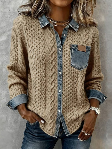 Women's Patchwork Denim Shirt Autumn/Winter Fashion Long-Sleeved Cardigan Versatile 2pcs Style Denim Collar Top Casual Vintage Aesthetic Ideal for Autumn/Winter Commuting, Office Wear, Casual Outings, and Layering