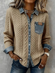 Women's Patchwork Denim Shirt Autumn/Winter Fashion Long-Sleeved Cardigan Versatile 2pcs Style Denim Collar Top Casual Vintage Aesthetic Ideal for Autumn/Winter Commuting, Office Wear, Casual Outings, and Layering