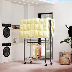 M MZG Heavy Duty Easy to Assemble - Multi-functional Removable Clothes Rack - with Three Shelves, Side Hooks And Locking Casters - Sturdy And Durable - Suitable for Bedroom, Living Room And Wardrobe Black