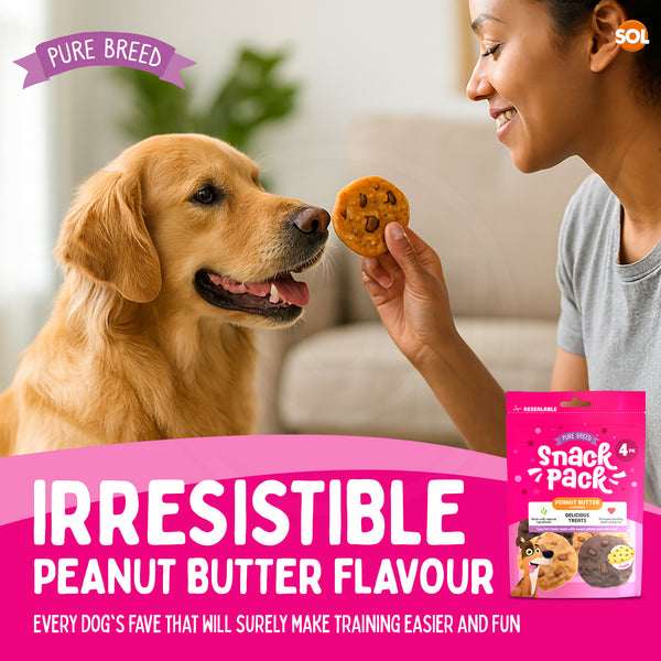 Pure Breed Snack Pack Dog Chews 4 Pack | Peanut Butter Cookie Dog Treats | Grain-Free Low Fat Healthy Dog Snacks | Natural Sweet Potato & Real Meat Chew | Tasty Training Reward for All Breeds