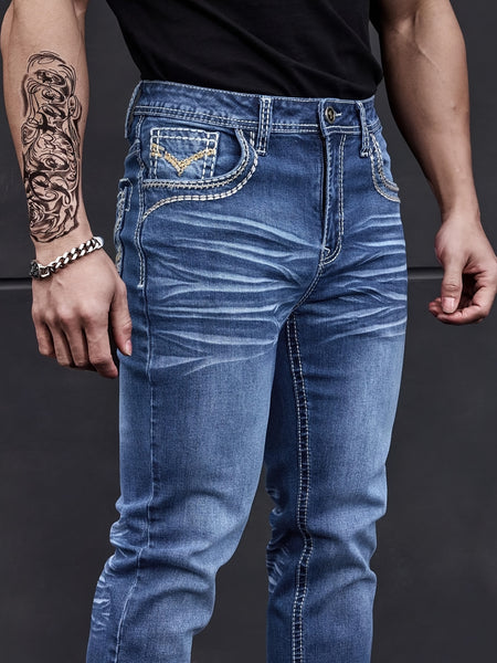 Men'S Elastic Washed Denim Jeans with Thick Line Embroidery on The Front And Back Pockets