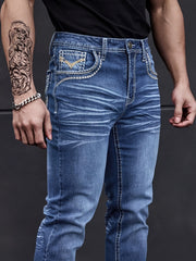 Men'S Elastic Washed Denim Jeans with Thick Line Embroidery on The Front And Back Pockets