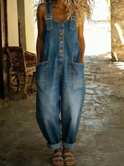 2026 New Women'S Retro Summer Clothing, Denim Dungarees Jumpsuit with Pockets, Wide-Leg Pants, Straight-Leg Trousers, Jeans, Fashion Versatile Outfits for Lady, Suit for Spring/Summer/Autumn, Loose Fit, Perfect for Casual Occasions/Commute