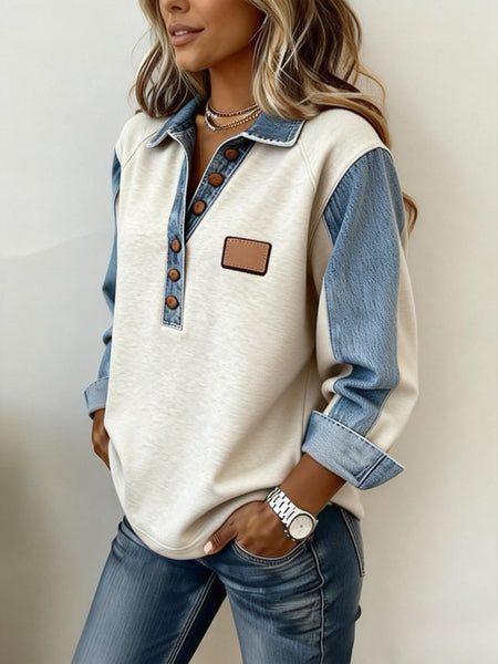 Women'S Colour-Block Denim Collar Top | Loose-fit Long-sleeved Half-buttoned Drop-shoulder Top with Retro-style Label Embellished, Ideal for Everyday Outings, Light Commuting, Relaxed Dates, and Vintage-inspired Leisure Looks | Slight Stretch Fabric