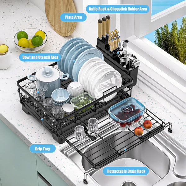 1pc Expandable Kitchen Sink Dish Drainer Rack With Drip Tray Cutlery Holder Plate Rack