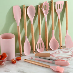 23pcs Silicone Kitchenware And Kitchen Knife Set | Heat Resistant Silicone Cutlery with Wooden Handle | Chef Knife | Non-Stick Friendly Tool | Easy to Cook And Clean | Convenient to Carry | Suitable for School, Home, Outdoor Use | Mother'S Day