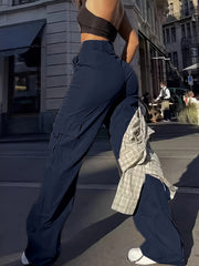 Flap Pocket Solid Color Cargo Pants, Y2K Slant Pocket Button Front Every Day Pants, Women's Clothing