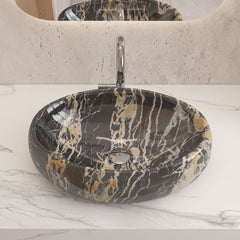 1pc Countertop Bathroom Sink, Black Marble Texture Oval Ceramic Wash Basin, Porcelain Ceramic Vessel Vanity Sink for Vanity Cabinet Cloakroom, Laundry Room, Bathroom, Washroom, 48x34x14cm