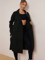 Women's Classy Solid Color Double Breasted Detachable Belted Pocket Pea Coat, Lapel Neck Long Sleeve Outerwear for Fall & Winter