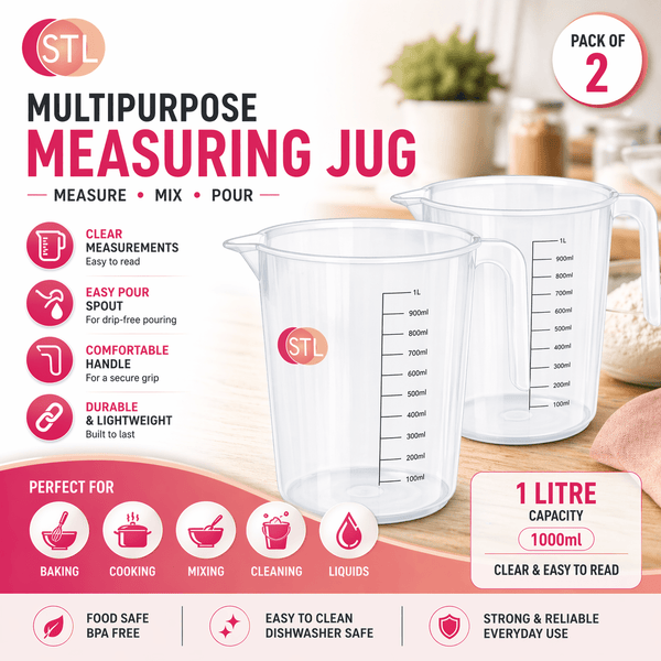 STL Set of 2 Clear Plastic 1L Measuring Mugs with Dual ML/OZ Scale | Sturdy & Lightweight | Easy Stack & Store | BPA Free