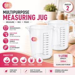 STL Set of 2 Clear Plastic 1L Measuring Mugs with Dual ML/OZ Scale | Sturdy & Lightweight | Easy Stack & Store | BPA Free