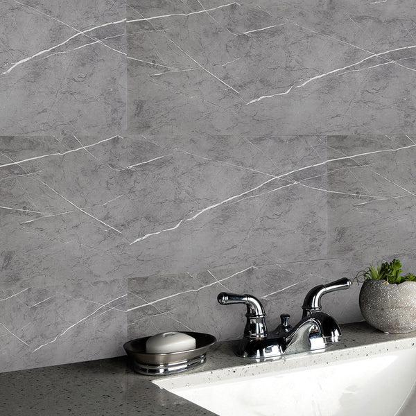Marble Tile Stickers, Peel and Stick Marble Stick on Tiles 60 x 30cm, 10PCS PVC Self Adhesive Wall Backsplash Tiles for Kitchen Bathroom (Grey Marble)
