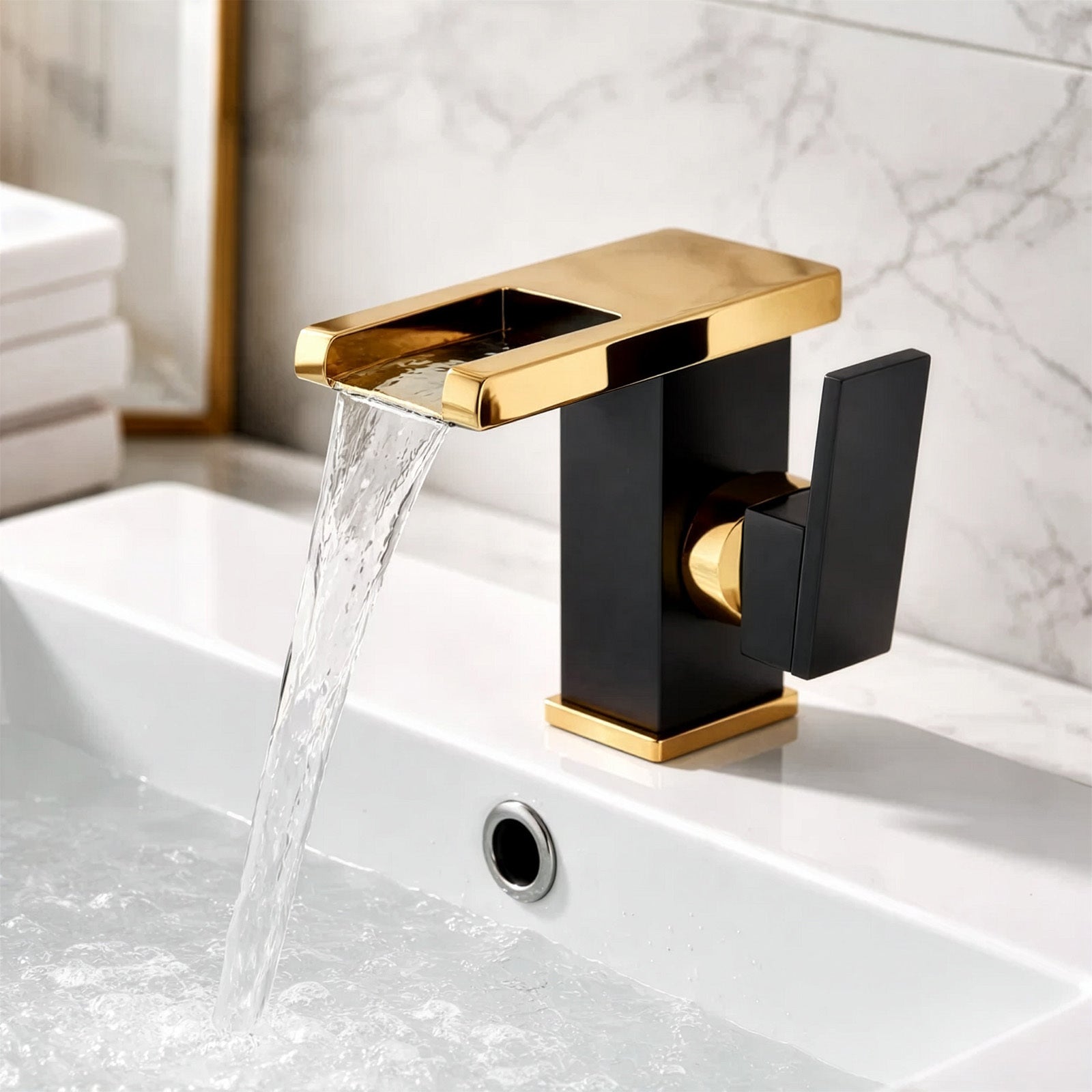 RV Bathroom Faucet, Stainless Steel Basin Faucet, Waterfall Faucet, Black And Golden Bathroom Faucet with a Copper Core