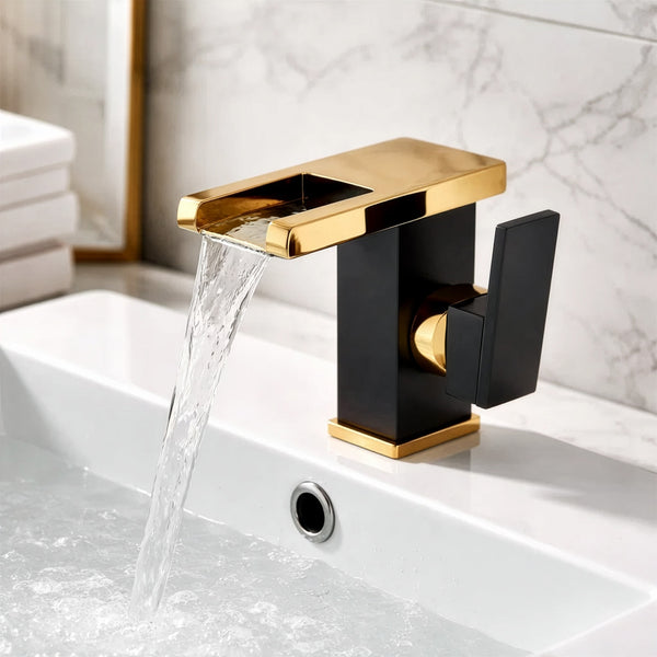 RV Bathroom Faucet, Stainless Steel Basin Faucet, Waterfall Faucet, Black And Golden Bathroom Faucet with a Copper Core