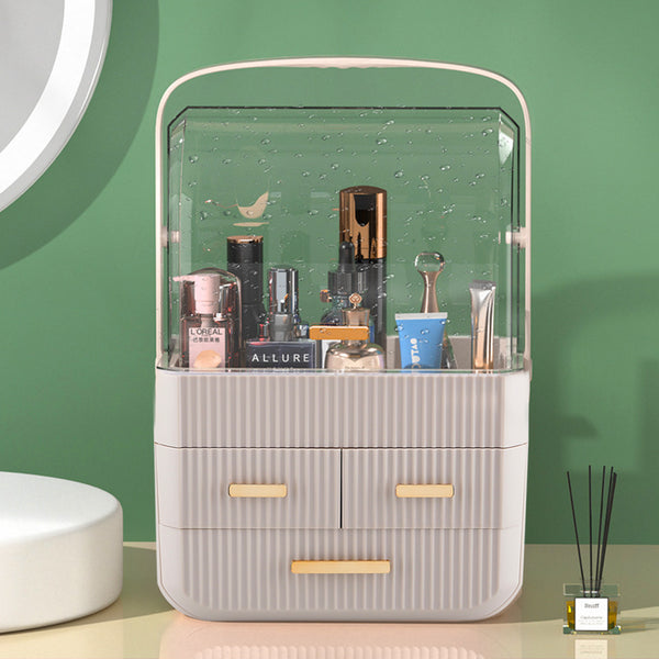 3-Tier Pink Jewelry Storage Box with Protective Lids, Plastic Makeup Organizer Features Multi-Drawer System, Desktop Display Case 24.6x18.6x35.3cm Perfect for Organizing Lipsticks, Cosmetics and Jewelry Pieces on Bathroom Counter and Dresser Top