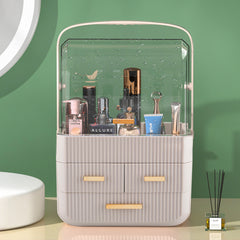 3-Tier Pink Jewelry Storage Box with Protective Lids, Plastic Makeup Organizer Features Multi-Drawer System, Desktop Display Case 24.6x18.6x35.3cm Perfect for Organizing Lipsticks, Cosmetics and Jewelry Pieces on Bathroom Counter and Dresser Top