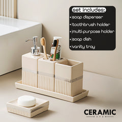 Ceramic Haven Elegance Collection | Set of 5 Luxury Bathroom Accessories | Soap Dispenser, Toothbrush Holder, Multipurpose Holder, Tumbler, Vanity Tray | Stylish Décor & Organizer