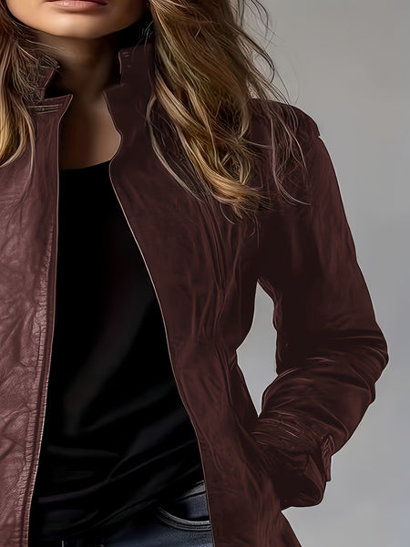 CHIDU Women's Jacket, PU, Retro Motorcycle Jacket Long-sleeved Jacket, Women's Long-sleeved Zipper Cardigan Stand-up Collar Design, Windproof Women's Jacket, Suitable for Spring, Autumn And Winter Jackets, Pockets, Global ALL, Casual Women's Jacket