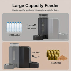 Dog And Cat Food Feeder And Water Dispenser, Two-In-One Set, 3L Large Capacity, Automatic Gravity Feeding, 304 Stainless Steel Bowl, Removable And Washable, for Small/Medium/Large Dogs And Cats, Black, Without Battery