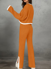 Women'S Short Color-Blocked Long-Sleeve Top with Solid Color Pants, a Casual And Stylish Outfit for Christmas