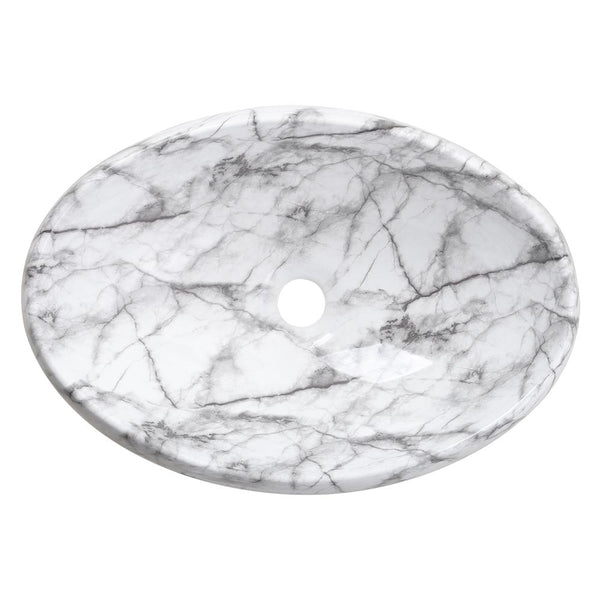 White Ceramic Bathroom Vanity Wash Basin Sink Countertop Oval Marble Effect Bowl With Stainless Steel Drainer Kit, Hand Wash Basin, Classic Design White Marble Effect Oval Sink for Bathroom Lavatory, Hotel Vanity Unit, 48x34x14.5cm, Only Basin
