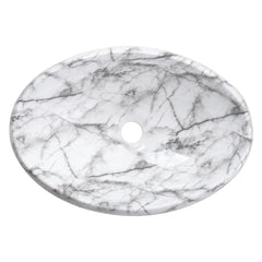 White Ceramic Bathroom Vanity Wash Basin Sink Countertop Oval Marble Effect Bowl With Stainless Steel Drainer Kit, Hand Wash Basin, Classic Design White Marble Effect Oval Sink for Bathroom Lavatory, Hotel Vanity Unit, 48x34x14.5cm, Only Basin