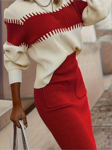 Chic Women's Ribbed Two-Piece Set: Color Block Sweater& Midi Skirt- Comfortable, Shaping Casual Wear for Fashion-Forward Ladies
